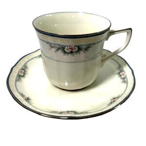 Vtg Noritake Allendale China Cup & Saucer Ivory Blue‎ Silver Trim Porcelain 7359